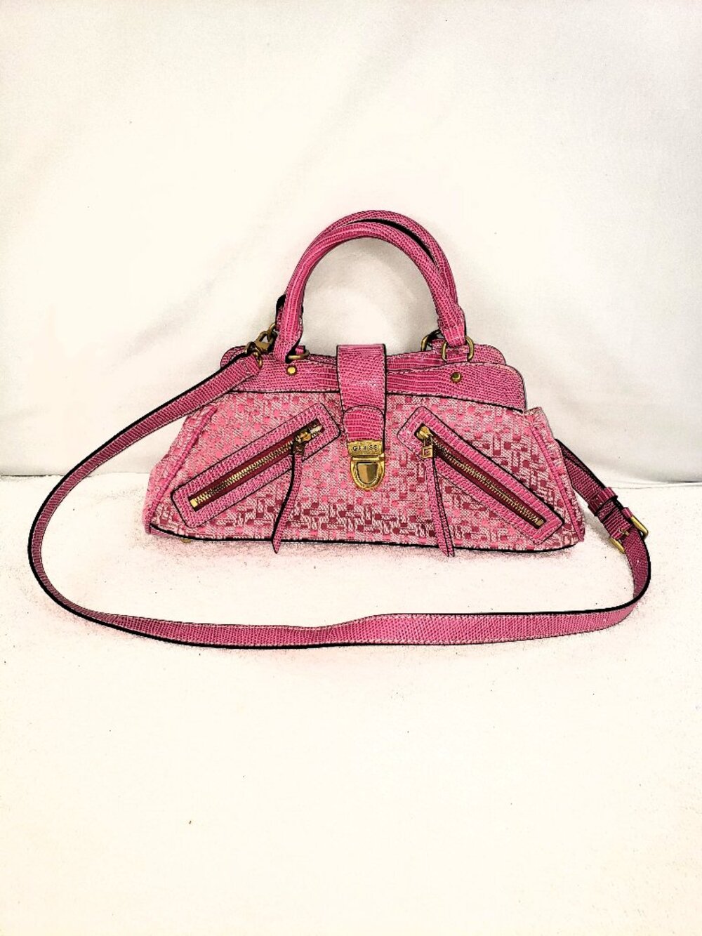 GUESS Pink Signature Satchel with Reptile Trim & Gold Hardware